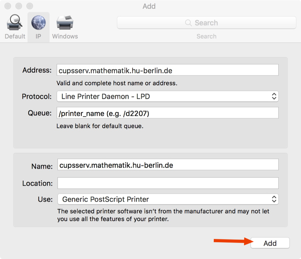 macOS add printer &ndash; step 3
